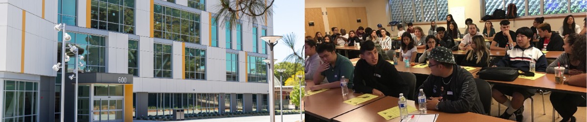 exterior of student services building and students in a classroom