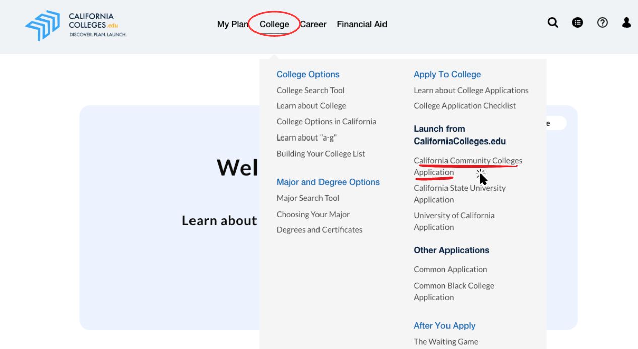 3. A visual representation of CaliforniaColleges.edu with indicators for accessing the College menu and launching the application.