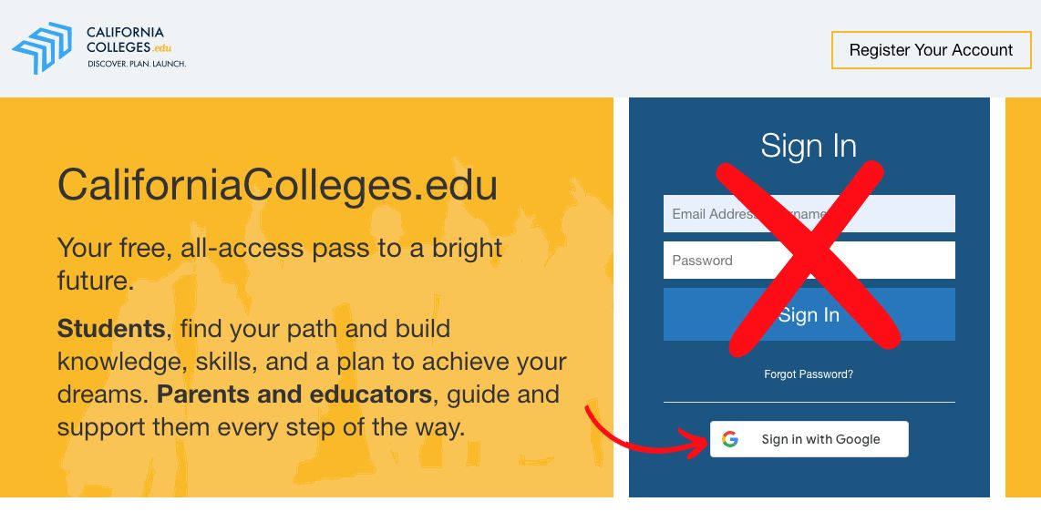 1. Login page for California college education portal, featuring fields for username and password access with arrow directing to Log in with Gmail.