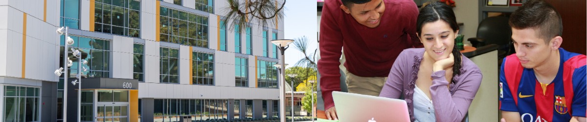 exterior of student services building and 3 students looking at computer