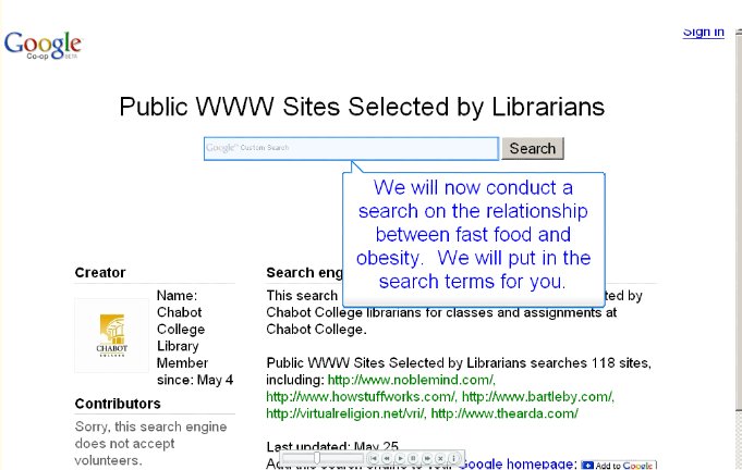 Public WWW Sites Selected by Librarians search engine page.  "We will now conduct a search on the relationship between fast food and obesity.  We will put in the search terms for you."
