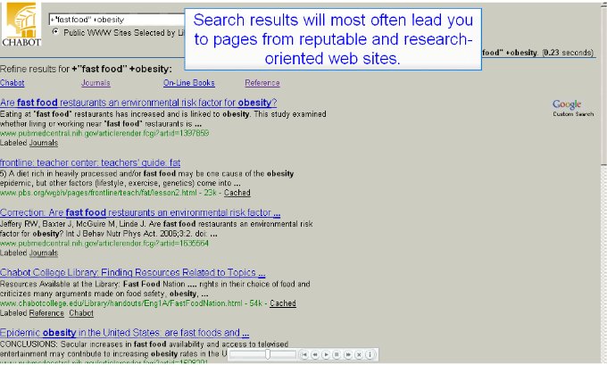 Search results page of Public WWW Sites Selected by Librarians search engine.  "Search results will most often lead you to pages from reputable and research-oriented web sites."