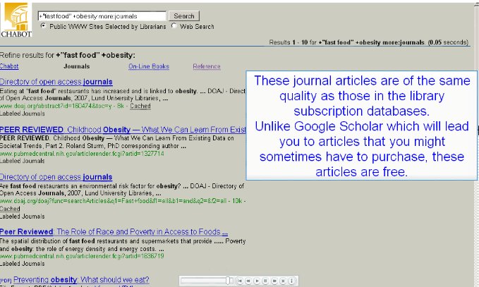 "These journal articles are of the same quality as those in the library subscription databases.  Unlike Google Scholar which will lead you to articles that you might sometimes have to purchase, these articles are free."