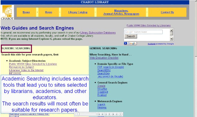 "Academic Searching includes search tools that lead you to sites selected by librarians, academics, and other educators.  The search results will most often be suitable for research papers."