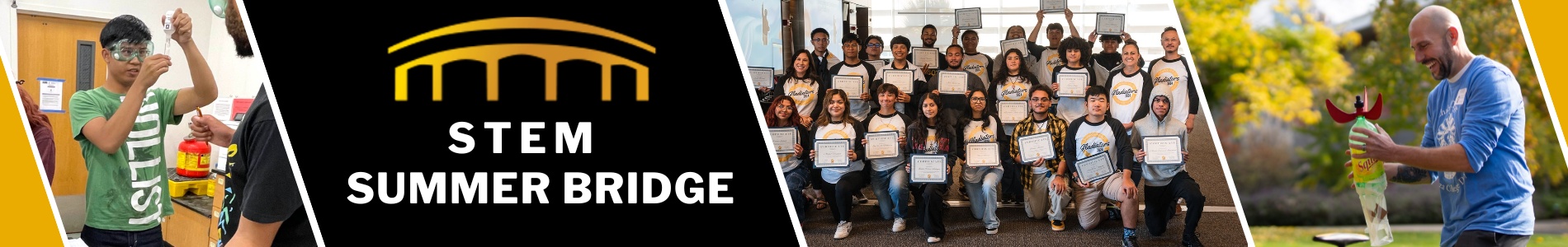 Stem Summer Bridge. Student looking at experiment. Group of students holding certificate. Man holding soda bottle conducting experiment.