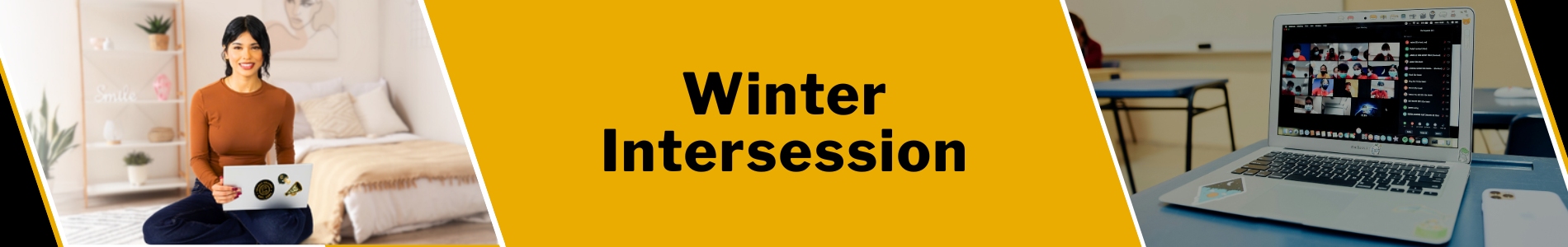 winter intersession; laptop with zoom; female student sitting in bedroom with laptop